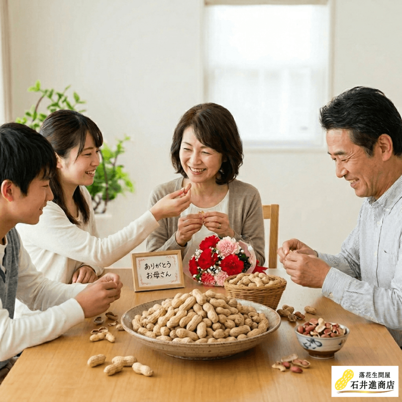 母の日に家族で落花生を楽しむイメージ